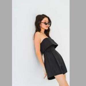 J.o.a. Black Satin Sleeveless Shorts Romper w/Ruffle Neckline NWT Size Small